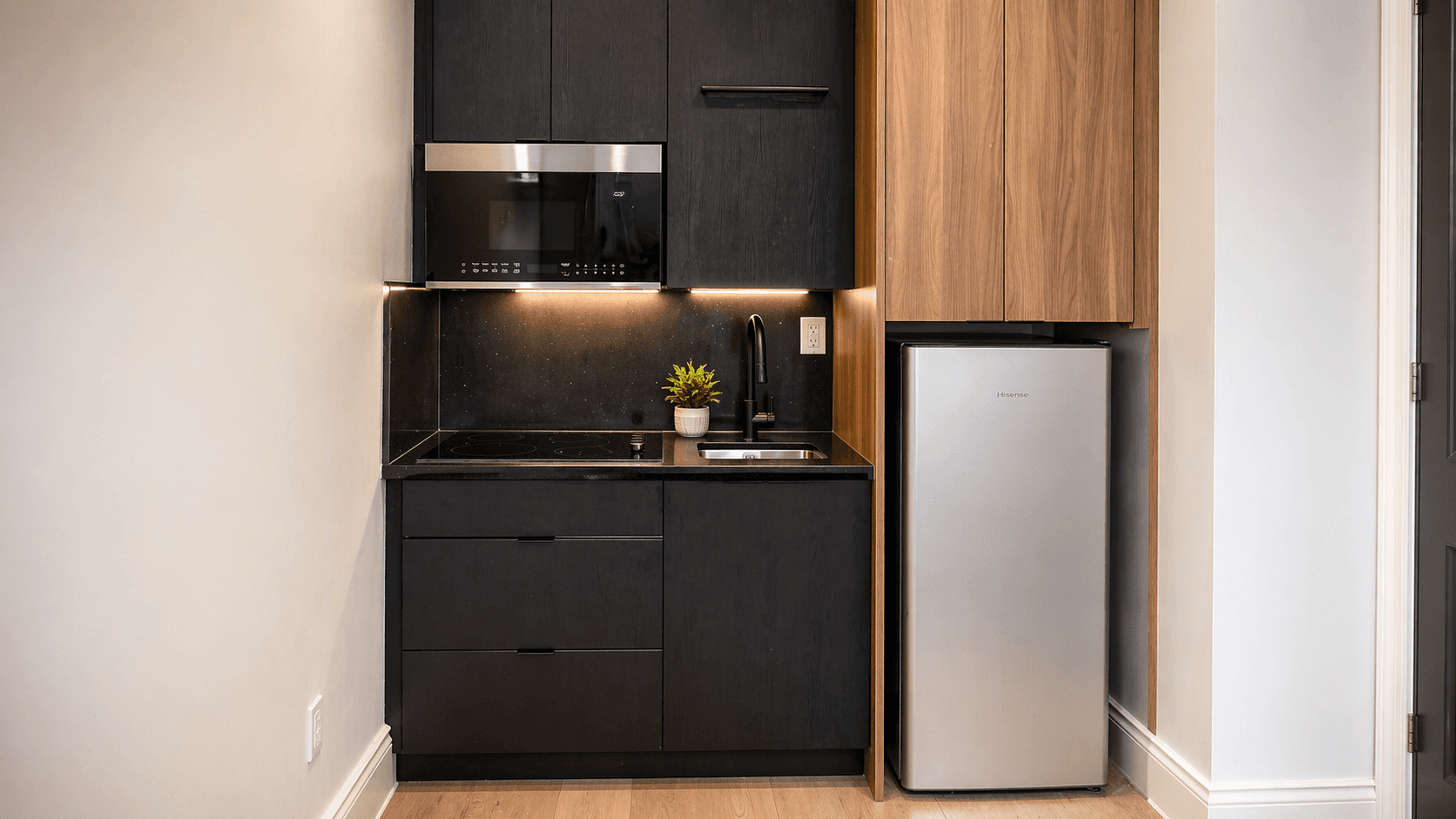 Modern Kitchen with Sleek Design at Modern Studio Apartment in Ancaster – 424 Springbrook Avenue, a 1 bedroom rental in 424 Springbrook Avenue, Hamilton, ON, listed for $1,200 per month