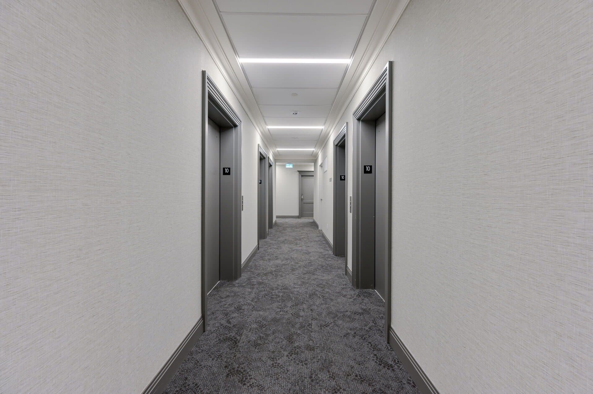 Elevator Hallway in Modern Building at Rental Listing in Mississauga, a 2 bedroom rental in 30 Elm Drive West, Mississauga, ON, listed for $2,500 per month