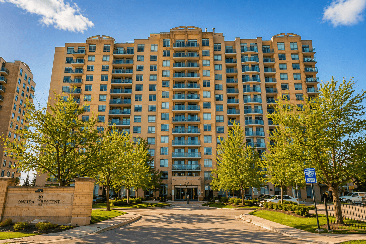 Front View of Apartment Building at 1-Bedroom Condo in Prime Richmond Hill Location, a 1 bedroom rental in 39 Oneida Crescent, Richmond Hill, ON, listed for $2,075 per month