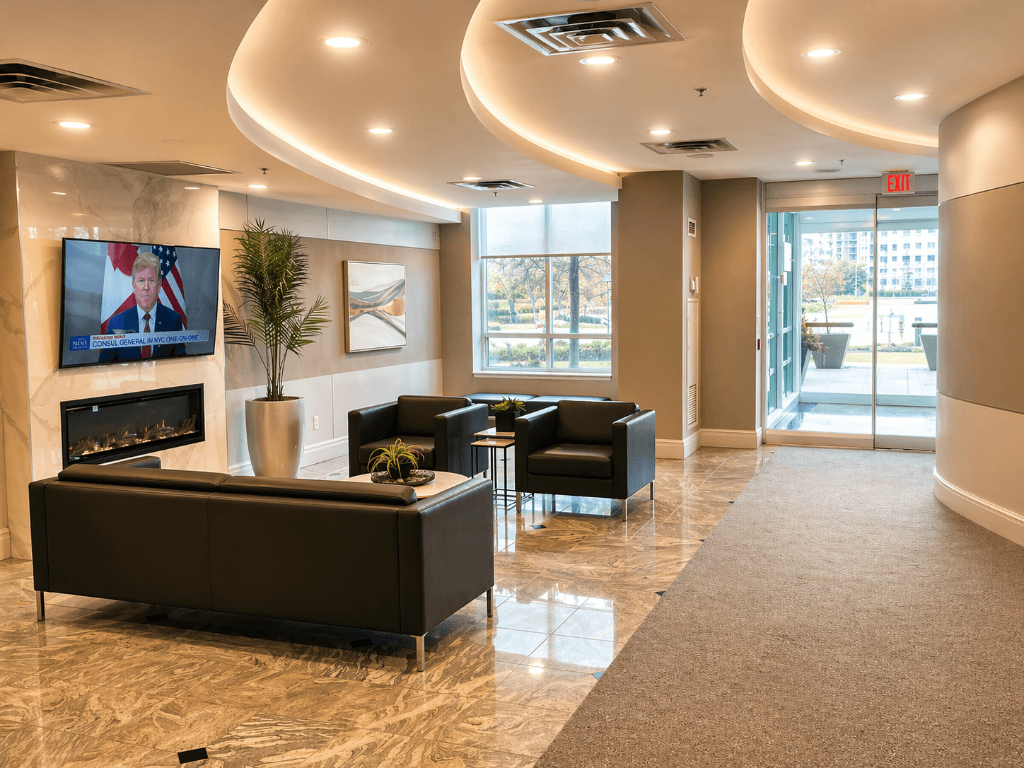 Modern Lobby with Seating and TV at 1-Bedroom Condo in Prime Richmond Hill Location, a 1 bedroom rental in 39 Oneida Crescent, Richmond Hill, ON, listed for $2,075 per month