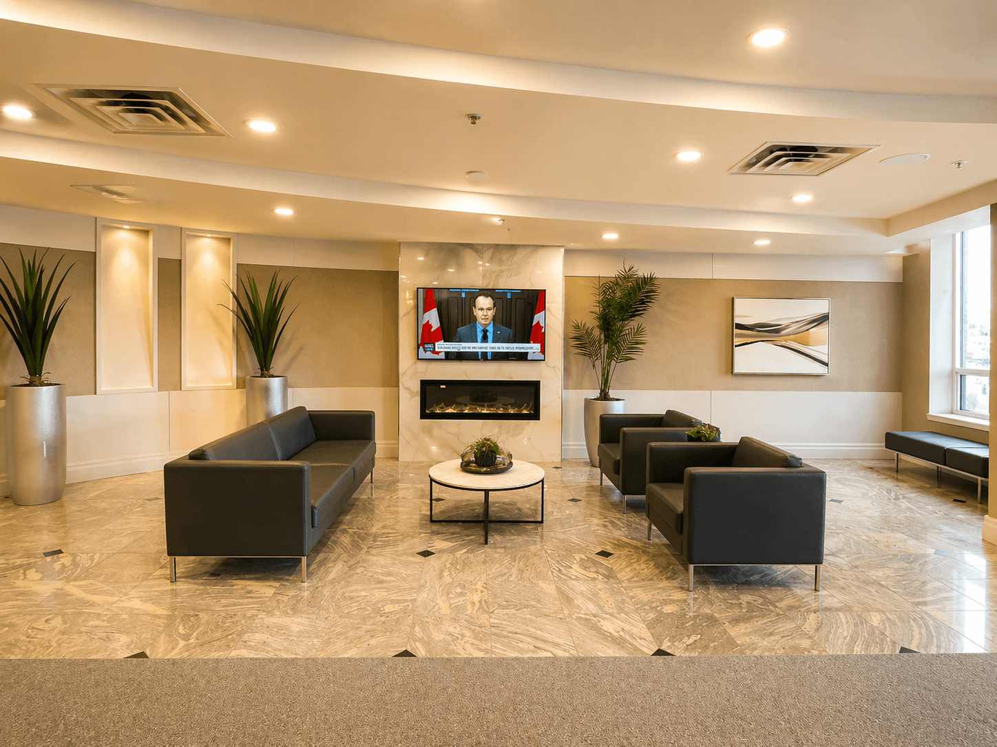 Modern Lobby with Seating and TV at 1-Bedroom Condo in Prime Richmond Hill Location, a 1 bedroom rental in 39 Oneida Crescent, Richmond Hill, ON, listed for $2,075 per month