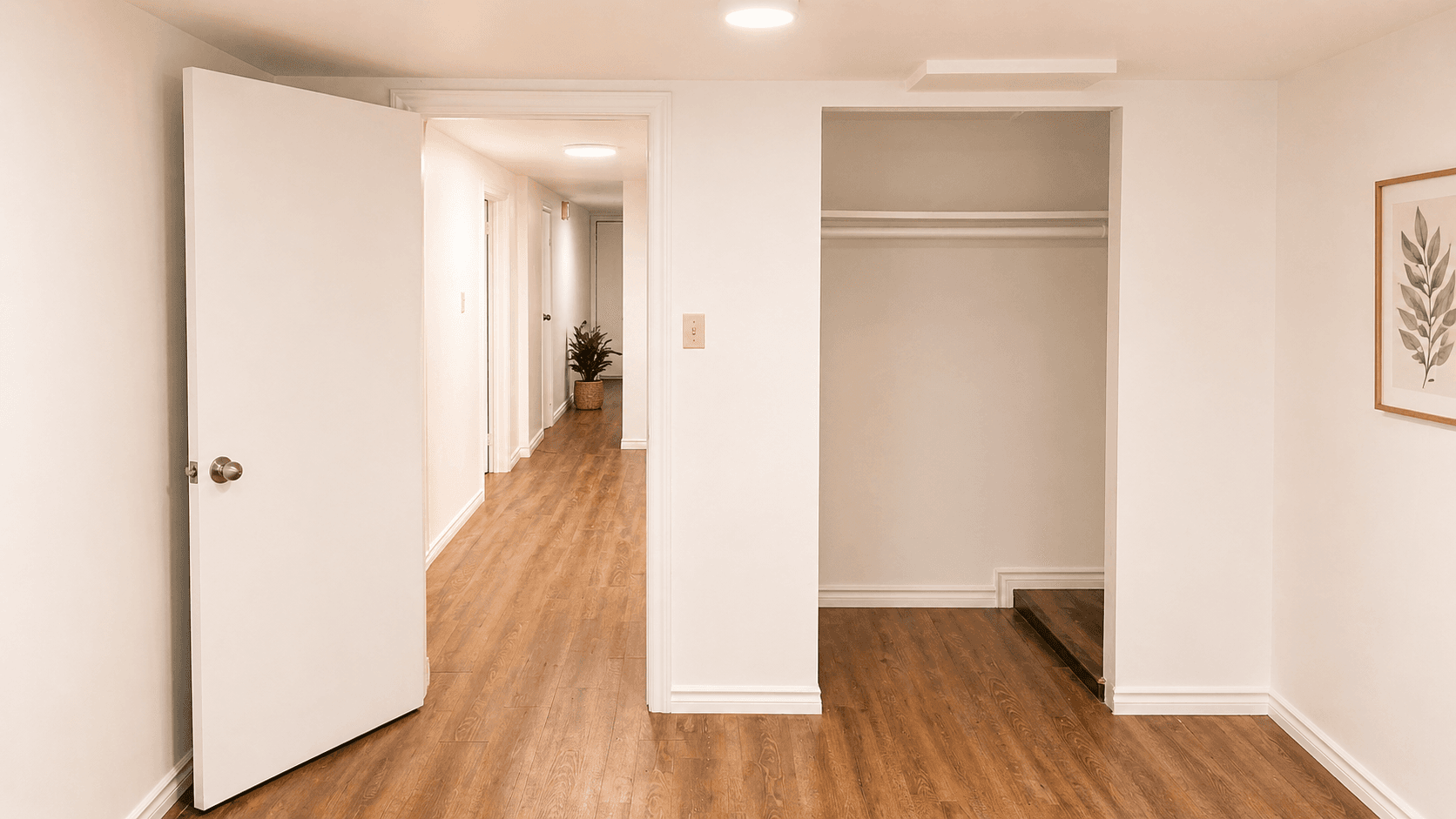 Interior Hallway with Closet at Modern 2-Bedroom Condo (Lower Level) in Hintonburg – Parking Included, a 2 bedroom rental in 210 Armstrong Street, Ottawa, ON, listed for $1,850 per month