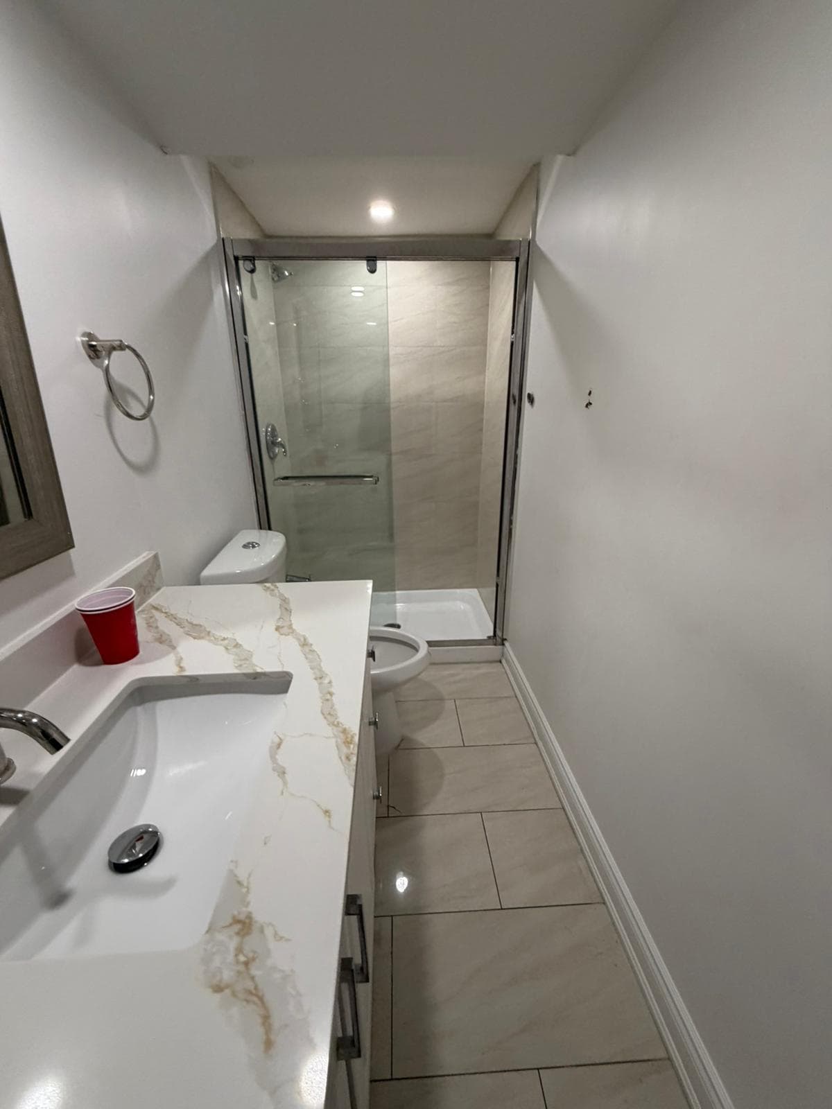 Modern Bathroom with Shower at Spacious Private Room in 4 Bed Basement., a 1 bedroom rental in 48 Maddybeth Crescent, Brampton, ON, listed for $850 per month