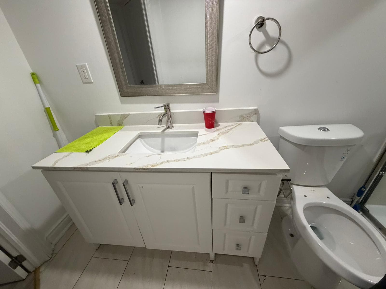 Modern Bathroom with Vanity and Toilet at Spacious Private Room in 4 Bed Basement., a 1 bedroom rental in 48 Maddybeth Crescent, Brampton, ON, listed for $850 per month