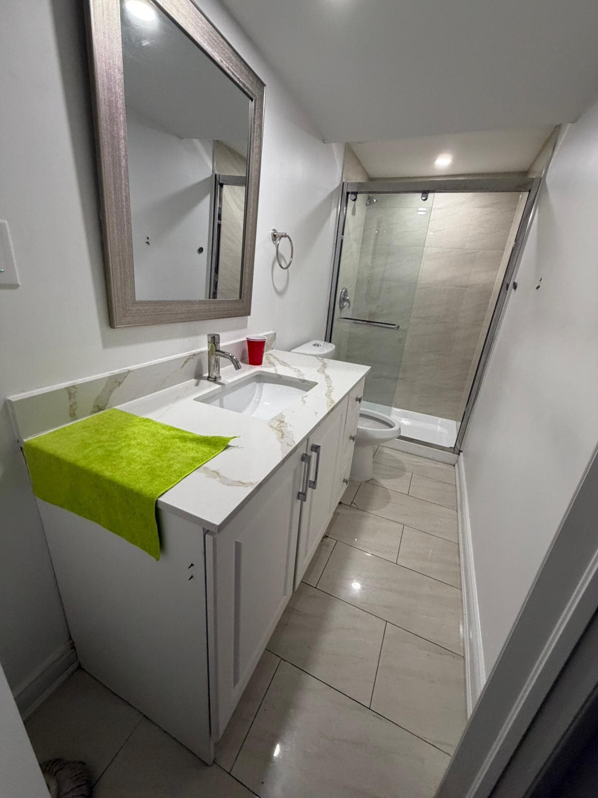 Modern Bathroom with Shower at Spacious Private Room in 4 Bed Basement., a 1 bedroom rental in 48 Maddybeth Crescent, Brampton, ON, listed for $850 per month