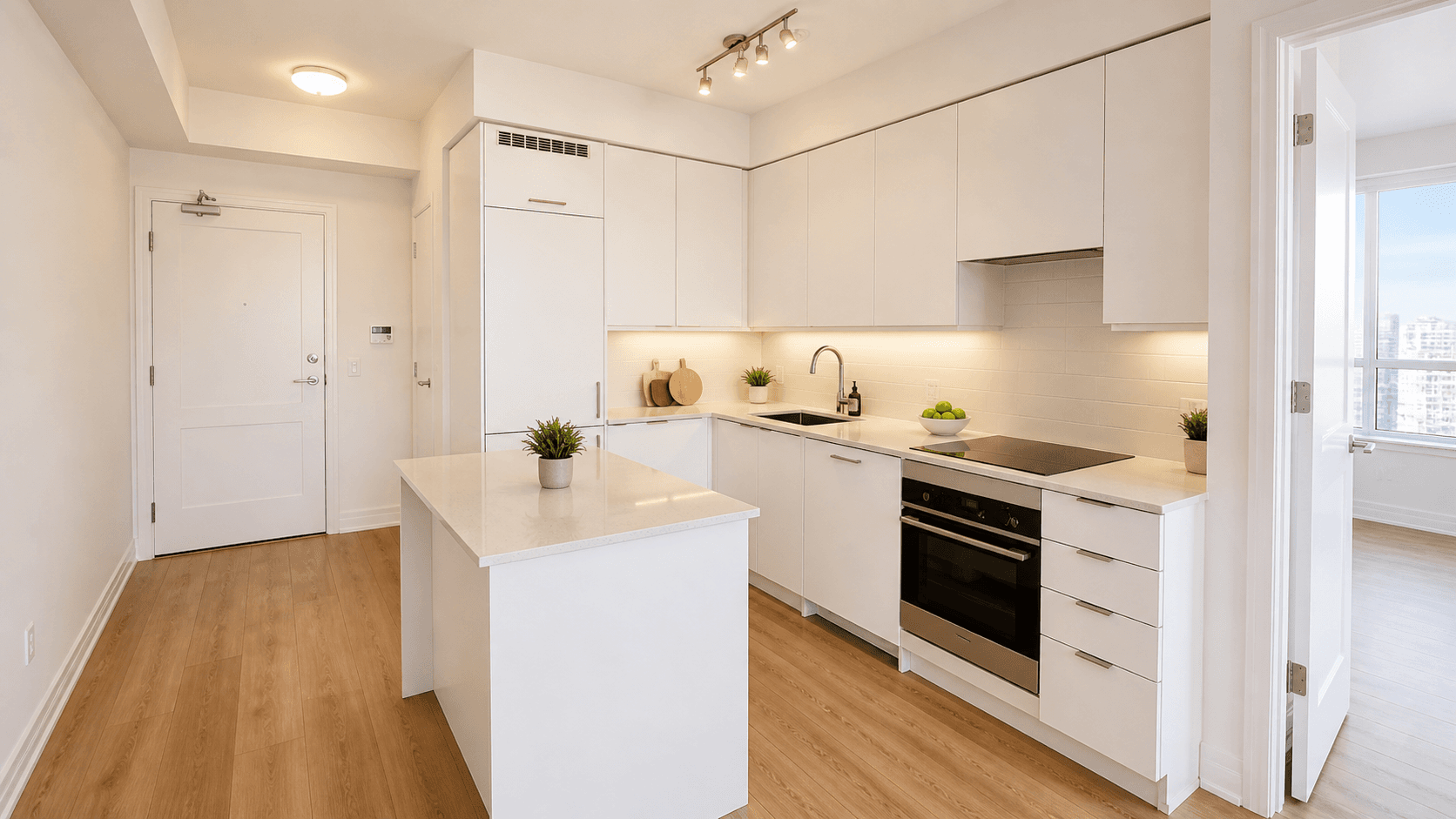 Modern Kitchen with White Cabinets at 30 Elm Dr E Unit 1901, Mississauga, ON – Condo Apartment, a 1 bedroom rental in 30 Elm Dr W, Mississauga, ON, listed for $1,200 per month