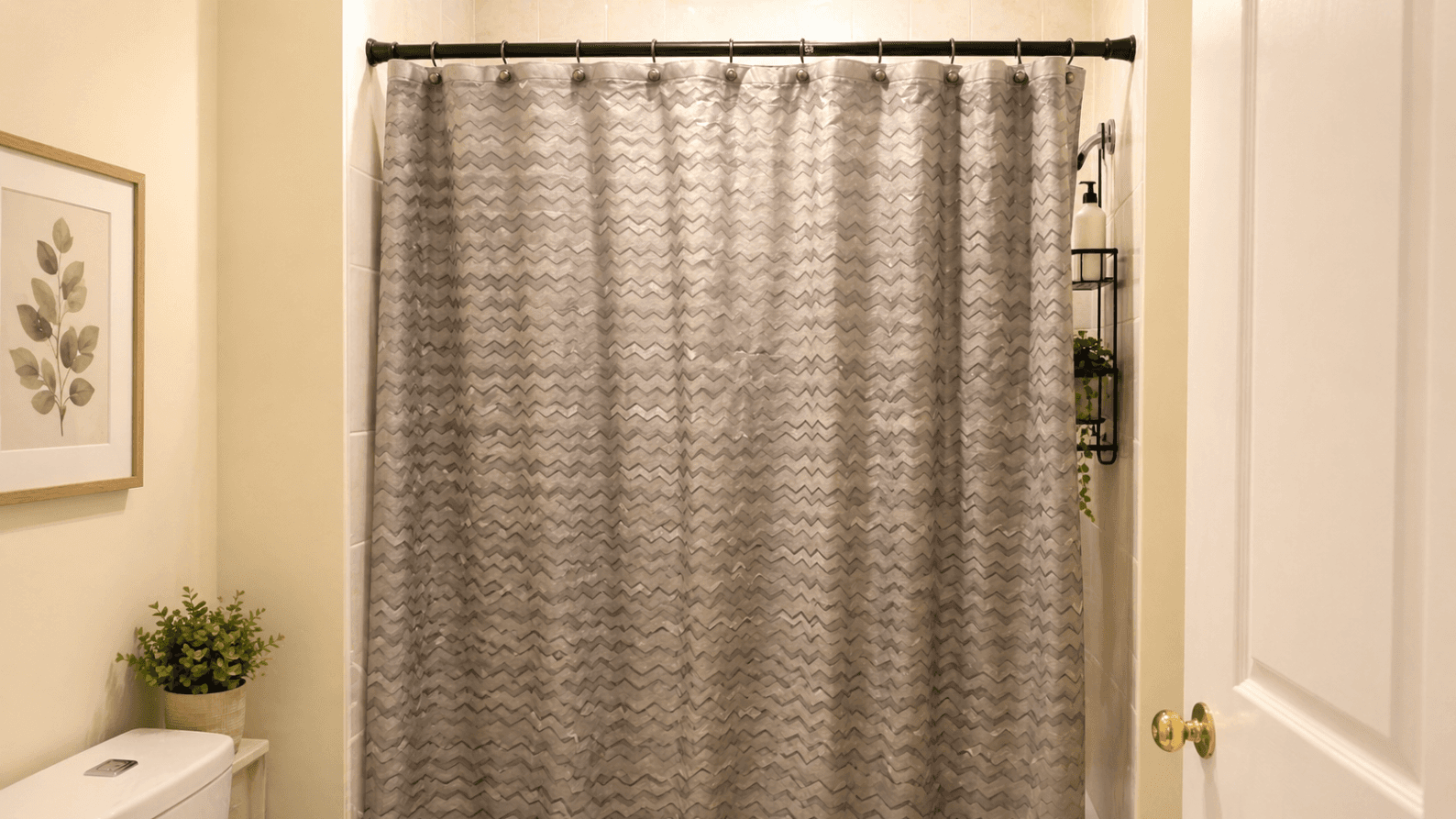 Stylish Bathroom with Shower Curtain at 2 Bedroom Main Floor Unit in Northeast Ajax – 45 Thackery Drive, a 2 bedroom rental in 45 Thackery Drive, Ajax, ON, listed for $1,500 per month