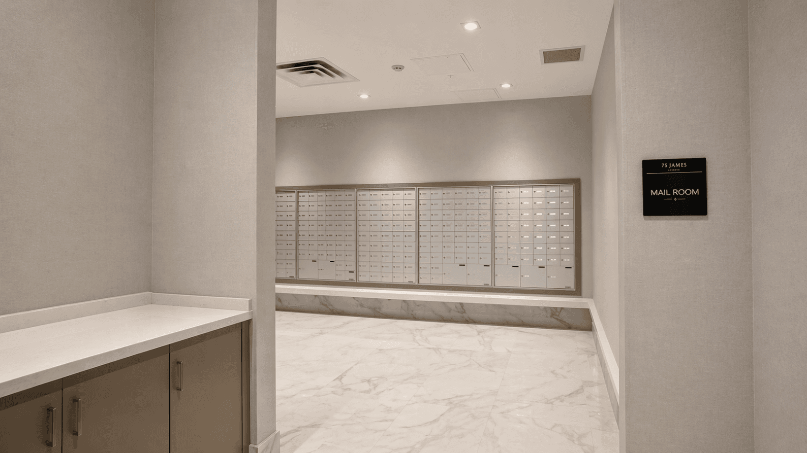 Mail Room with Lockers at Brand New 1-Bedroom Condo in Prime Hamilton Location, a 1 bedroom rental in 75 James Street South, Hamilton, ON, listed for $1,850 per month