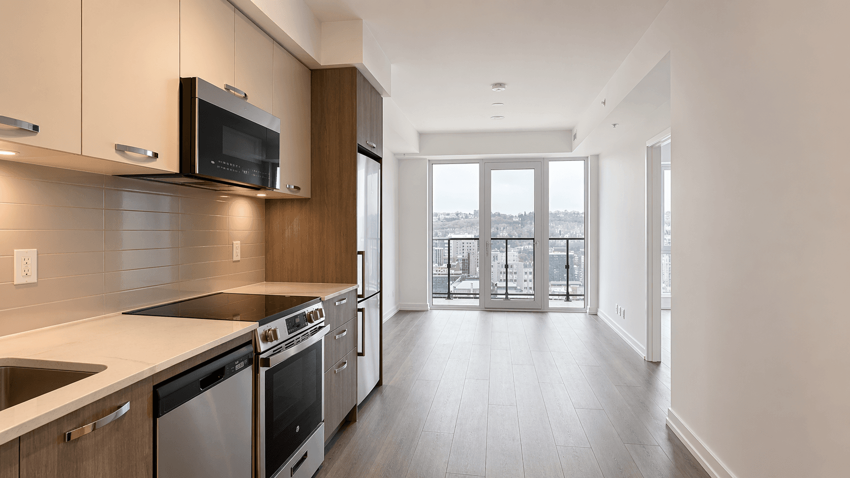 Modern Kitchen with City View at Brand New 1-Bedroom Condo in Prime Hamilton Location, a 1 bedroom rental in 75 James Street South, Hamilton, ON, listed for $1,850 per month