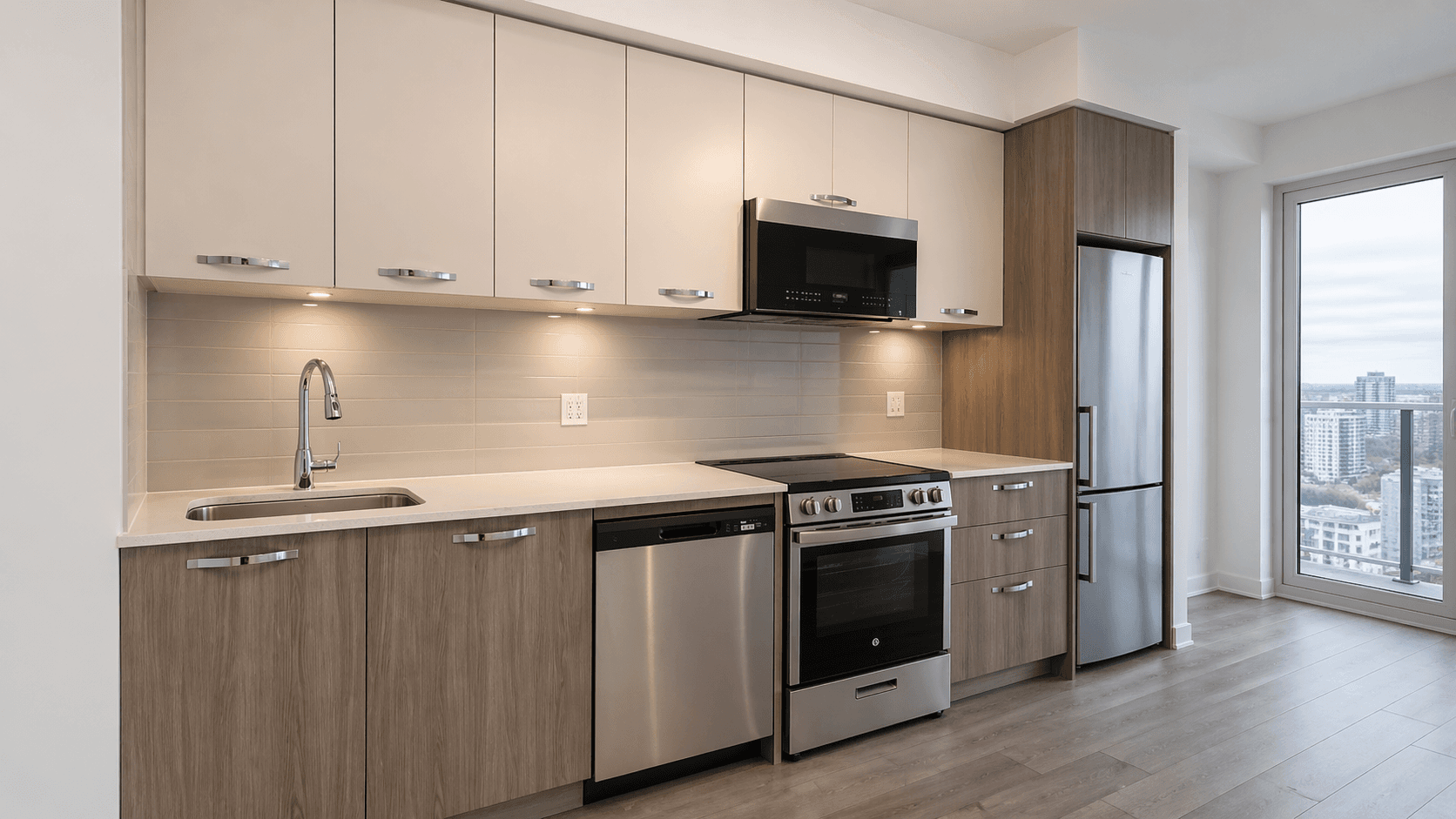 Modern Kitchen with Stainless Steel Appliances at Brand New 1-Bedroom Condo in Prime Hamilton Location, a 1 bedroom rental in 75 James Street South, Hamilton, ON, listed for $1,850 per month