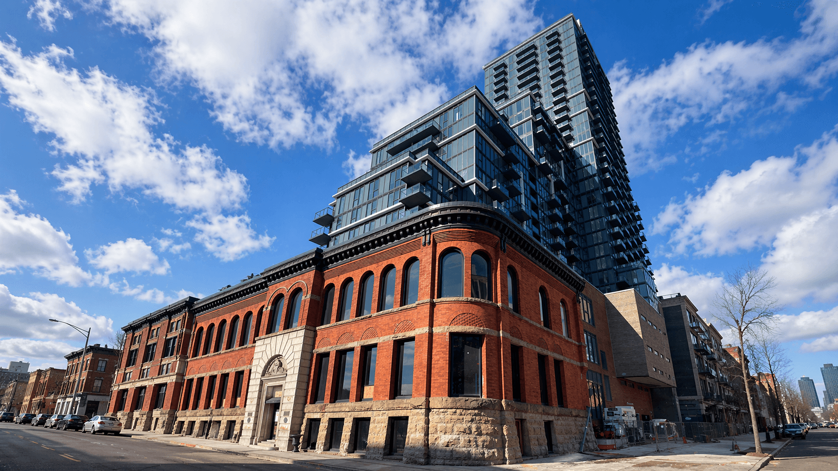 Modern Building Facade with Historic Brick Base at Brand New 1-Bedroom Condo in Prime Hamilton Location, a 1 bedroom rental in 75 James Street South, Hamilton, ON, listed for $1,850 per month