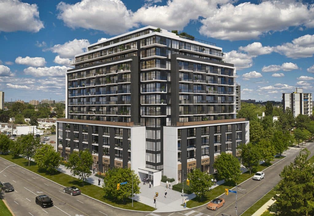Modern Apartment Building Exterior at Yorkwoods Condos – 2839 Jane Street, Toronto, a 2 bedroom rental in 2839 Jane Street, North York, ON, listed for $2,300 per month