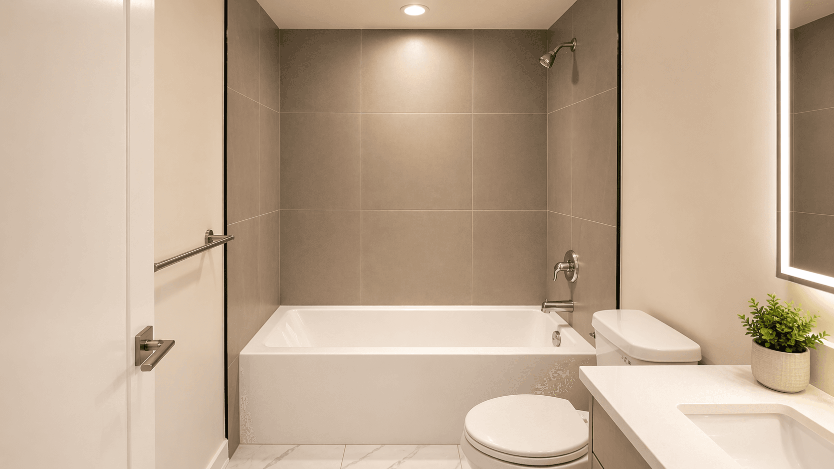 Modern Bathroom with Tub and Shower at Yorkwoods Condos – 2839 Jane Street, Toronto, a 2 bedroom rental in 2839 Jane Street, North York, ON, listed for $2,300 per month